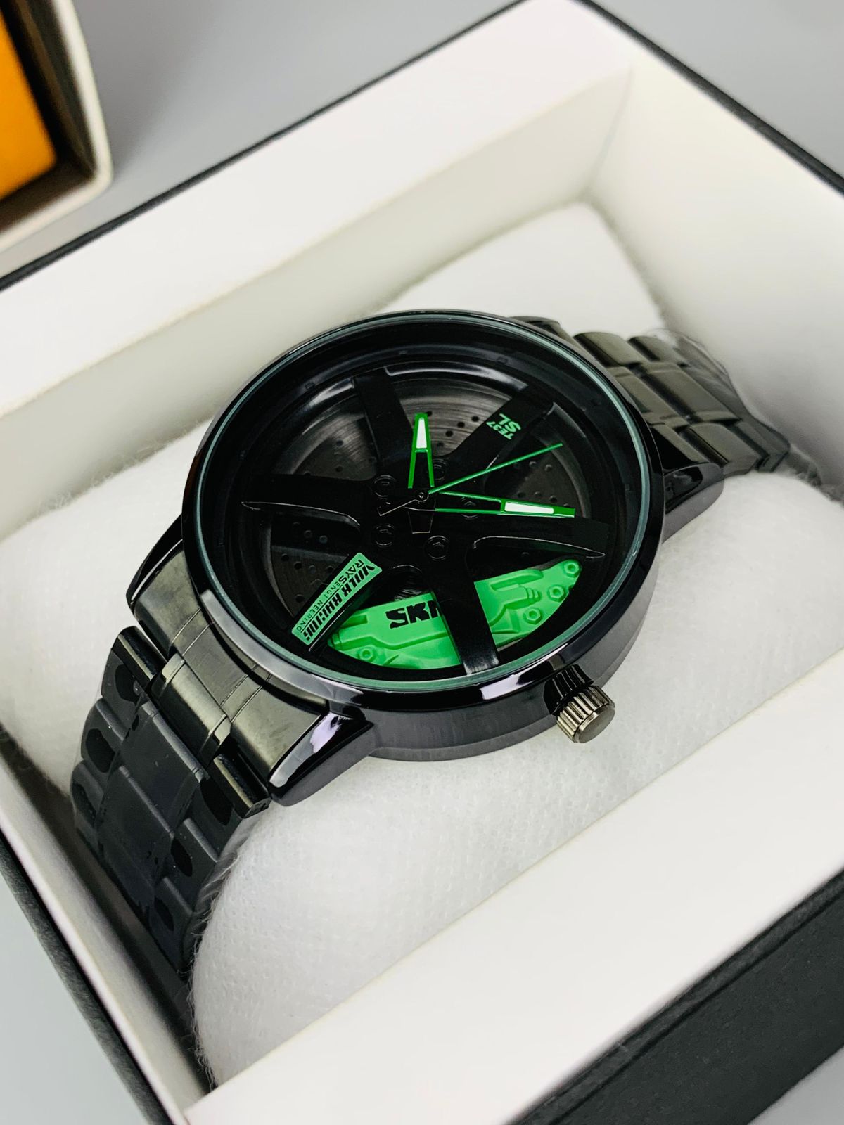 SKME 0019 - Green Sports Car Rim Design Watch – Premium Men’s Stainless Steel Watch | Waterproof | Luxury Racing Style Wrist Watch - Image 2