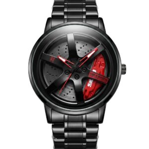 SKME 0015 - Red Sports Car Rim Design Watch – Premium Men’s Stainless Steel Watch | Waterproof | Luxury Racing Style Wrist Watch