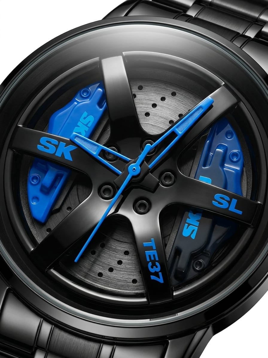 SKME 0016- Blue Sports Car Rim Design Watch – Premium Men’s Stainless Steel Watch | Waterproof | Luxury Racing Style Wrist Watch - Image 3