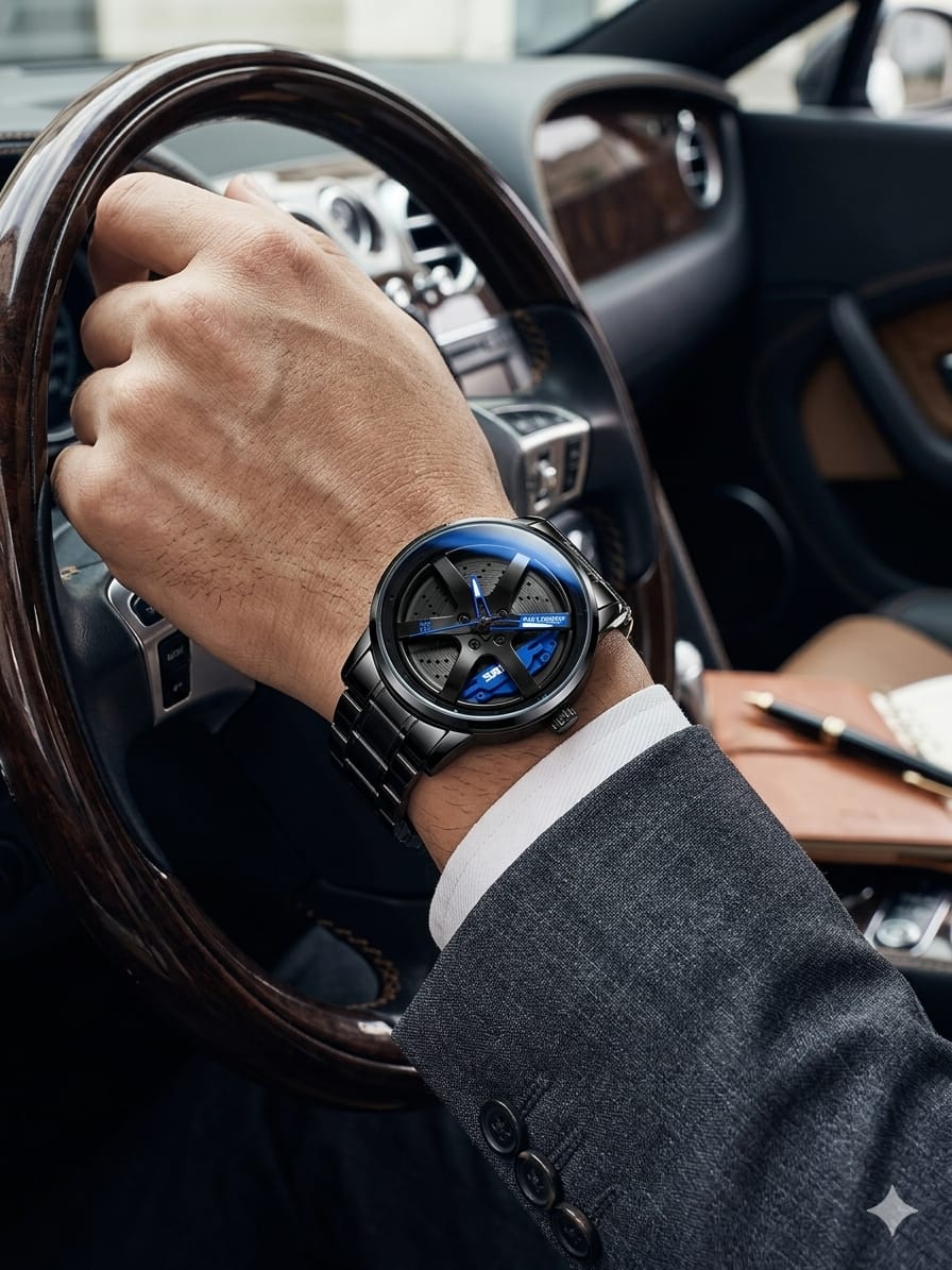 SKME 0016- Blue Sports Car Rim Design Watch – Premium Men’s Stainless Steel Watch | Waterproof | Luxury Racing Style Wrist Watch - Image 4
