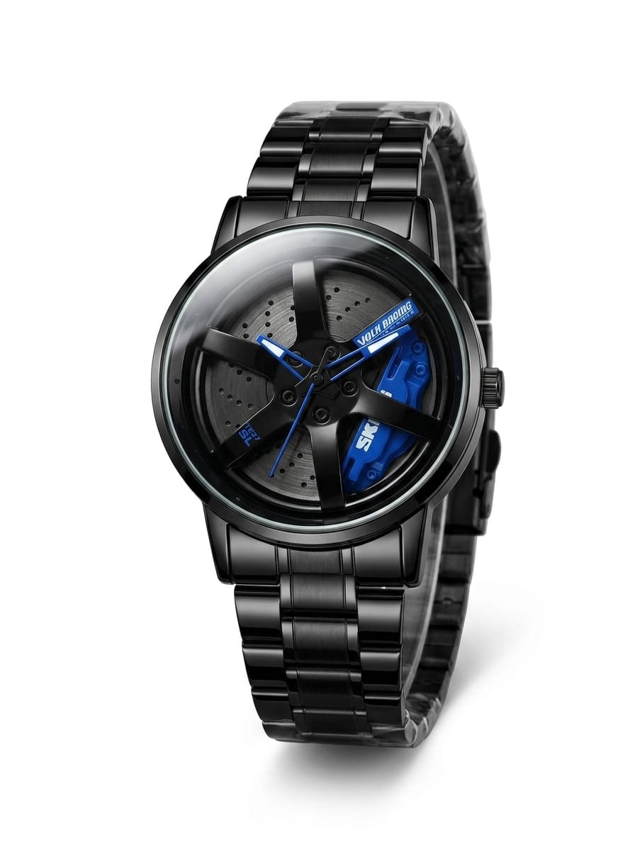SKME 0016- Blue Sports Car Rim Design Watch – Premium Men’s Stainless Steel Watch | Waterproof | Luxury Racing Style Wrist Watch