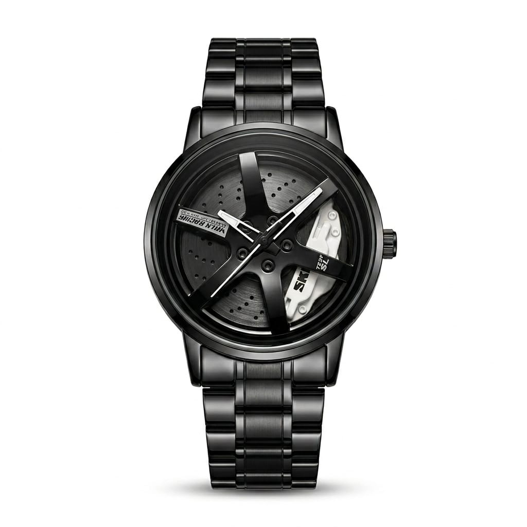 SKME 0017- White Sports Car Rim Design Watch – Premium Men’s Stainless Steel Watch | Waterproof | Luxury Racing Style Wrist Watch