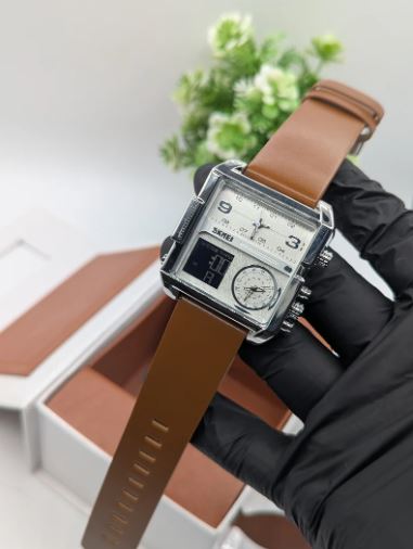 Skmei – 1584 – Sports Quartz Waterproof Tiple time – Silver/Brown-Leather - Image 8