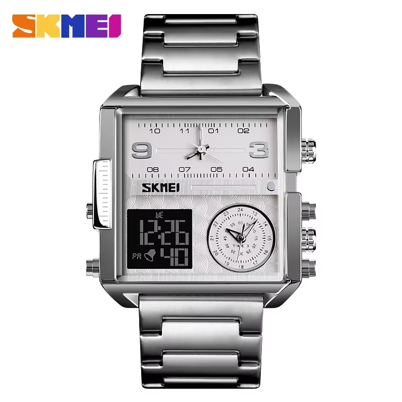 Skmei – 1584 – Sports Quartz Waterproof Tiple time – Silver/Brown-Leather
