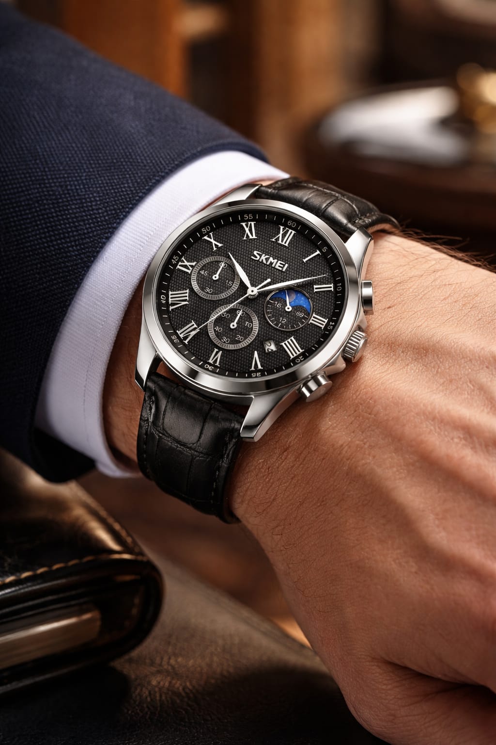 SKMEI 9260 - SKMEI Luxury Men’s Chronograph Watch – Premium Black Dial Leather Strap | Working Chronograph | Quartz Wrist Watch for Men - Image 9