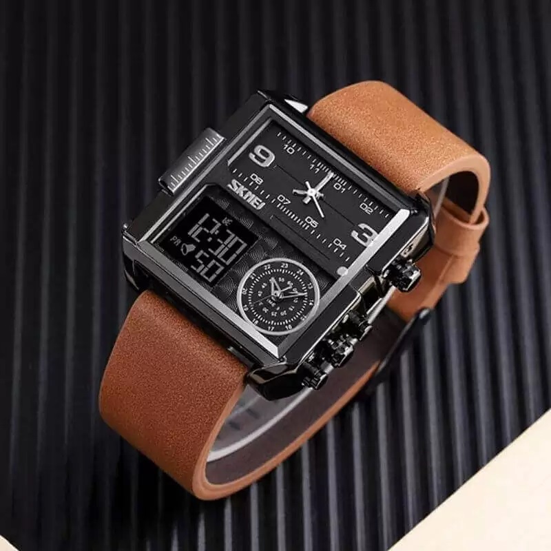 Skmei – 1584 – Sports Quartz Waterproof Tiple time – Silver/Brown-Leather - Image 5