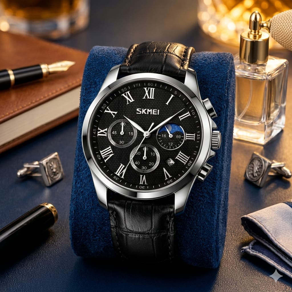 SKMEI 9260 - SKMEI Luxury Men’s Chronograph Watch – Premium Black Dial Leather Strap | Working Chronograph | Quartz Wrist Watch for Men - Image 3