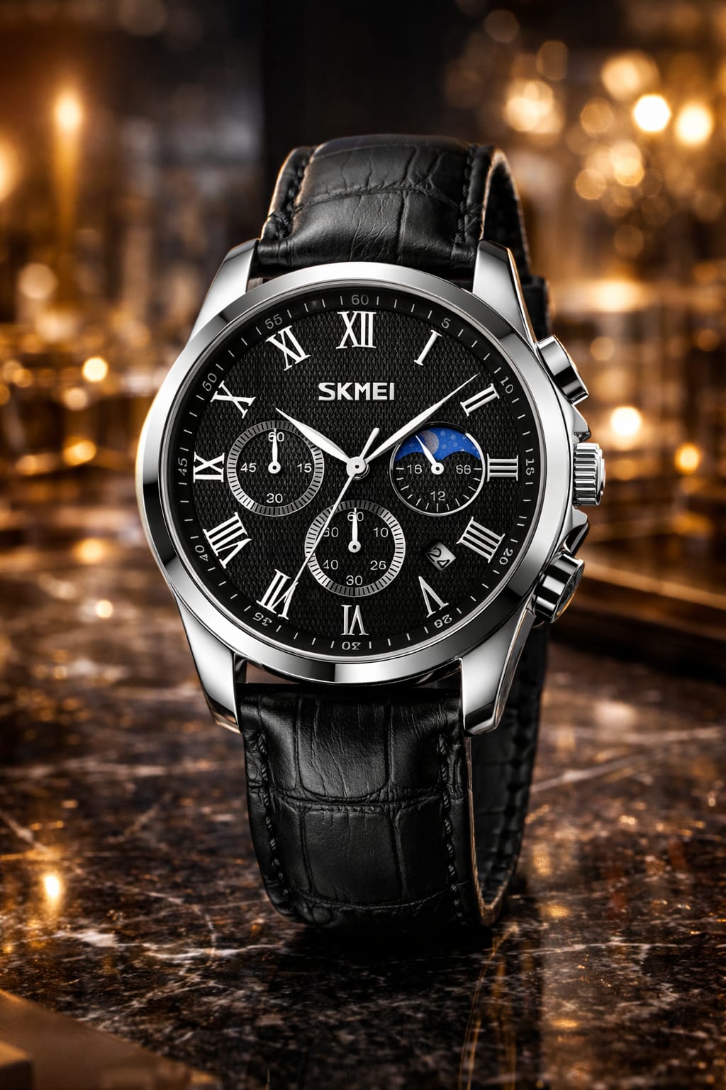 SKMEI 9260 - SKMEI Luxury Men’s Chronograph Watch – Premium Black Dial Leather Strap | Working Chronograph | Quartz Wrist Watch for Men - Image 4