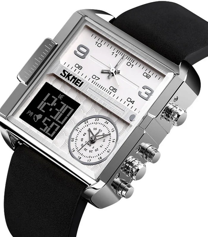 Skmei – 1584 – Sports Quartz Waterproof Tiple time – Silver/Brown-Leather - Image 2