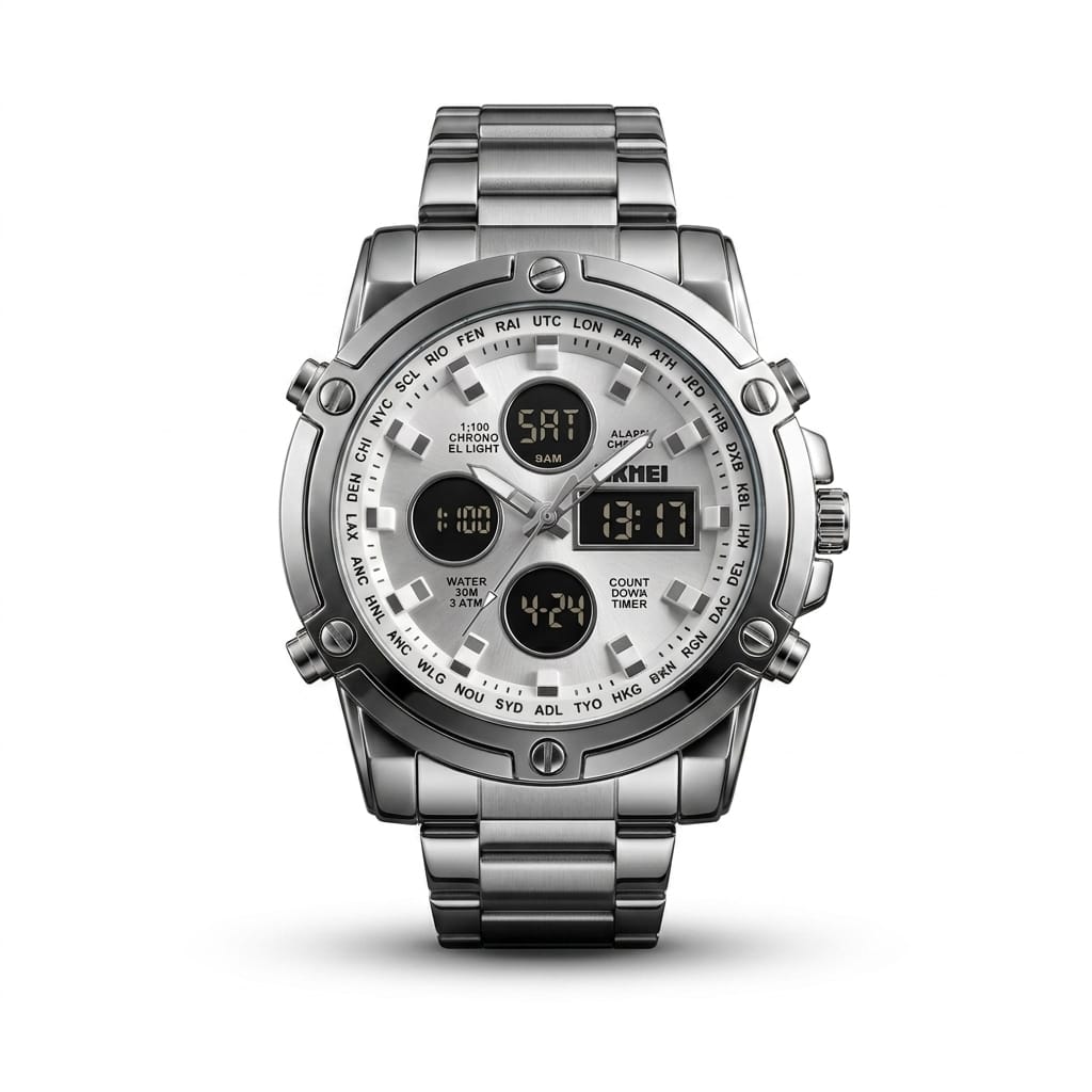 SKMEI 2210 SKMEI White Dail Premium Luxury Waterproof Men's Watch | Original Chronograph Stainless Steel Wrist Watch | Free Box + Free Delivery