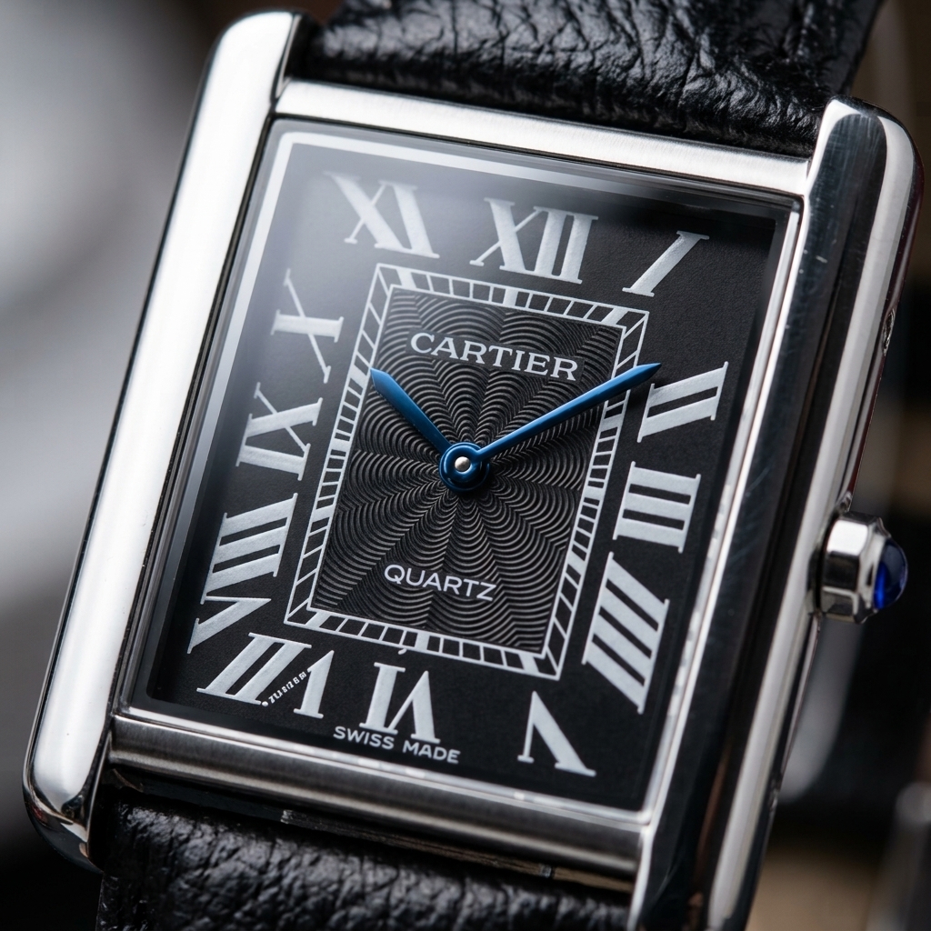 Luxury Black Tank Watch for Men – Silver Rectangular Case, Black Dial with Roman Numerals & Black Textured Leather Strap | Free Box & Free Delivery - Image 4