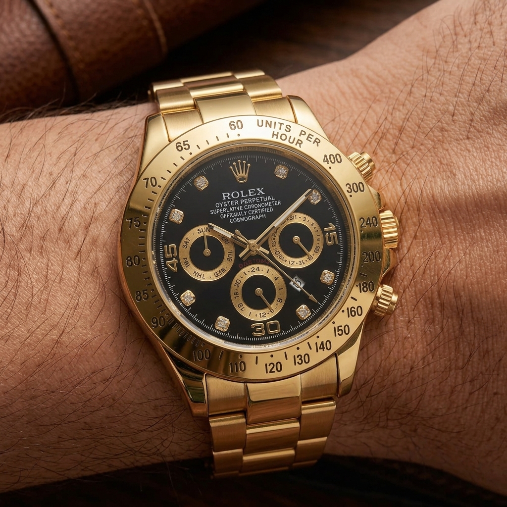 Luxury Gold Chronograph Watch for Men – Black Dial with Diamond Hour Markers, Date Window & Gold Stainless Steel Chain | Free Box & Free Delivery - Image 4