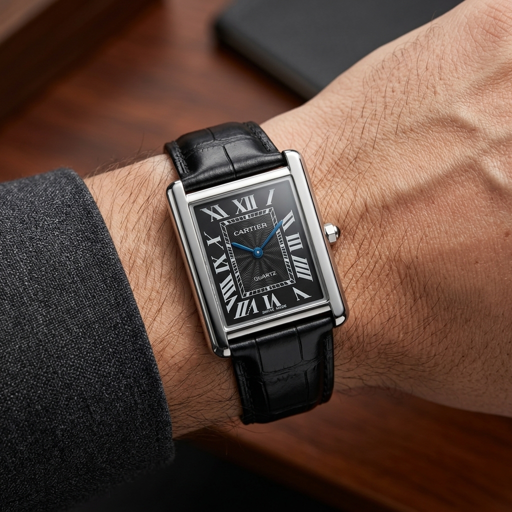 Luxury Black Tank Watch for Men – Silver Rectangular Case, Black Dial with Roman Numerals & Black Textured Leather Strap | Free Box & Free Delivery - Image 3