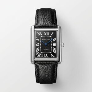 Luxury Black Tank Watch for Men – Silver Rectangular Case, Black Dial with Roman Numerals & Black Textured Leather Strap | Free Box & Free Delivery