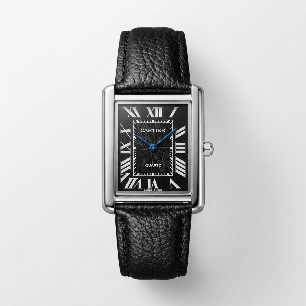 Luxury Black Tank Watch for Men – Silver Rectangular Case, Black Dial with Roman Numerals & Black Textured Leather Strap | Free Box & Free Delivery