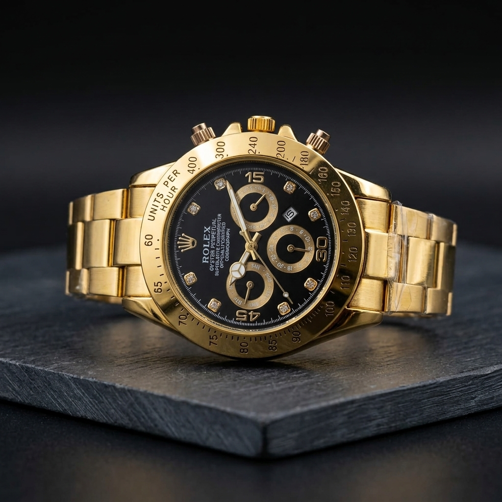 Luxury Gold Chronograph Watch for Men – Black Dial with Diamond Hour Markers, Date Window & Gold Stainless Steel Chain | Free Box & Free Delivery - Image 2