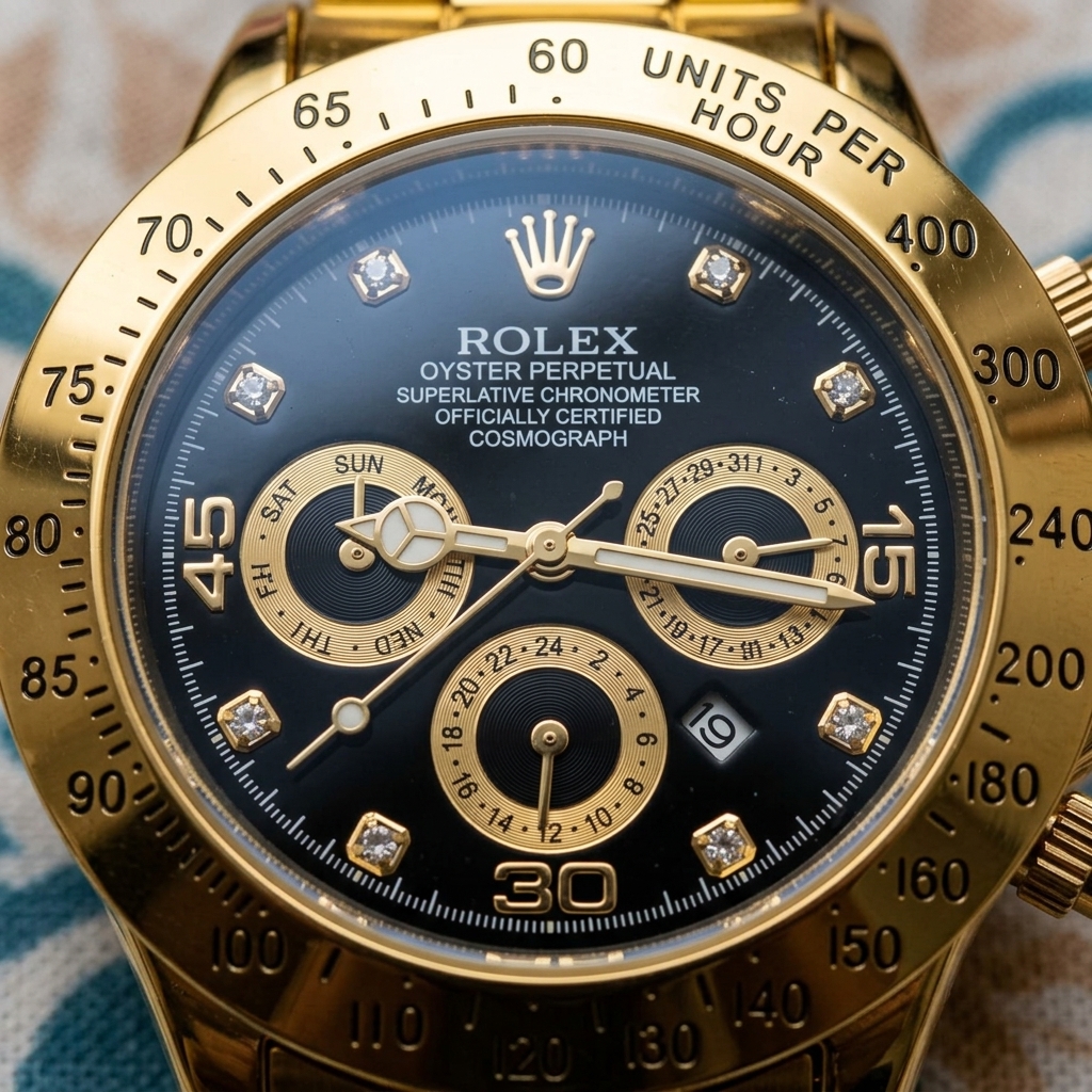 Luxury Gold Chronograph Watch for Men – Black Dial with Diamond Hour Markers, Date Window & Gold Stainless Steel Chain | Free Box & Free Delivery - Image 5