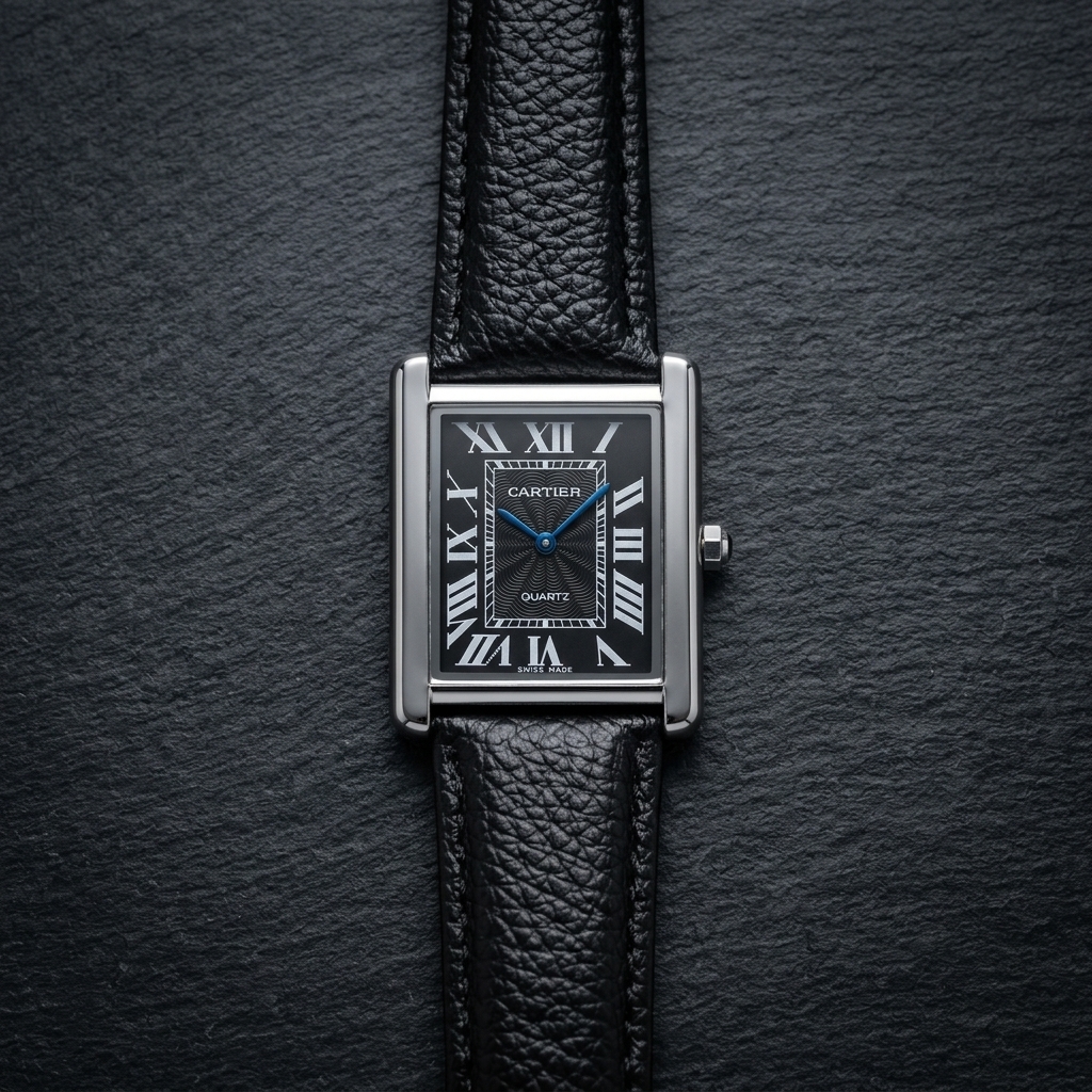 Luxury Black Tank Watch for Men – Silver Rectangular Case, Black Dial with Roman Numerals & Black Textured Leather Strap | Free Box & Free Delivery - Image 2