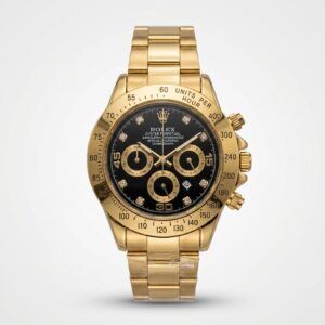 Luxury Gold Chronograph Watch for Men – Black Dial with Diamond Hour Markers, Date Window & Gold Stainless Steel Chain | Free Box & Free Delivery