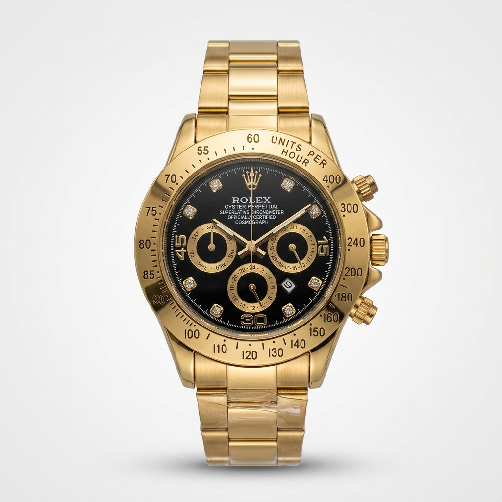 Luxury Gold Chronograph Watch for Men – Black Dial with Diamond Hour Markers, Date Window & Gold Stainless Steel Chain | Free Box & Free Delivery