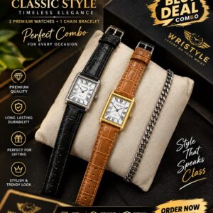 🔥 2 Pcs Luxury Men’s Rectangular Watches with Chain Bracelet | Classic Roman Dial | Premium Leather Strap | Free Delivery + Free Watch Box + Open Parcel